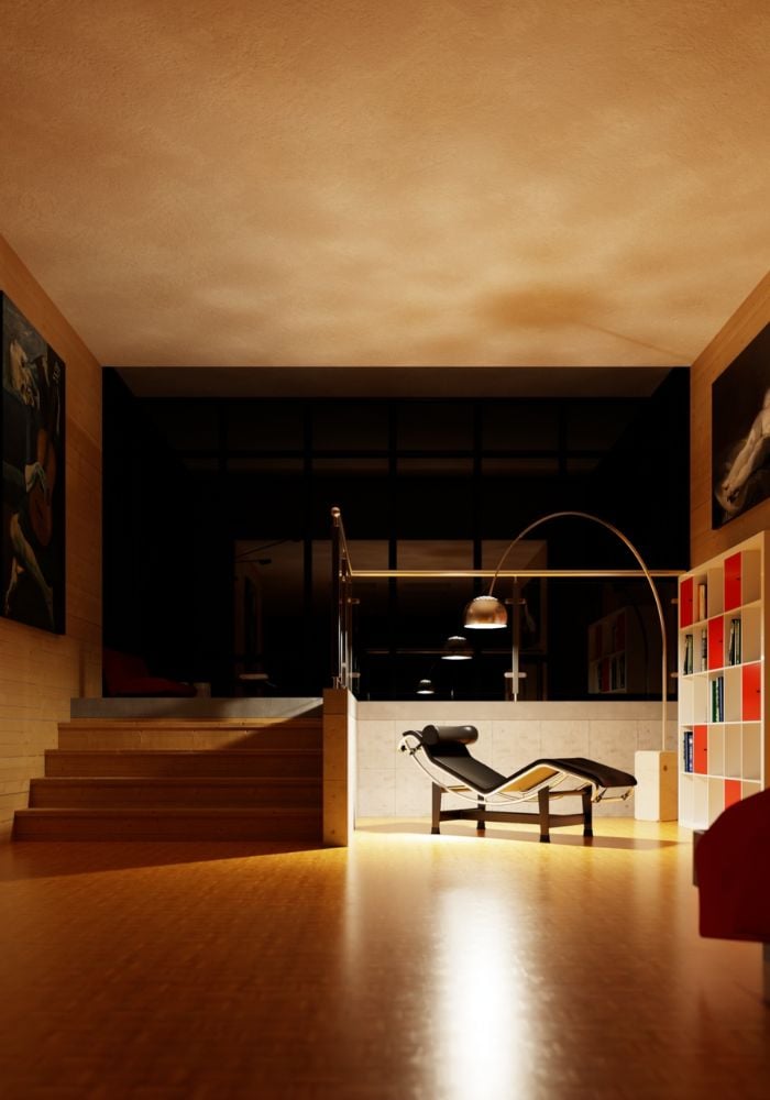 A dark, moody but modern interior rendered in Bella Render