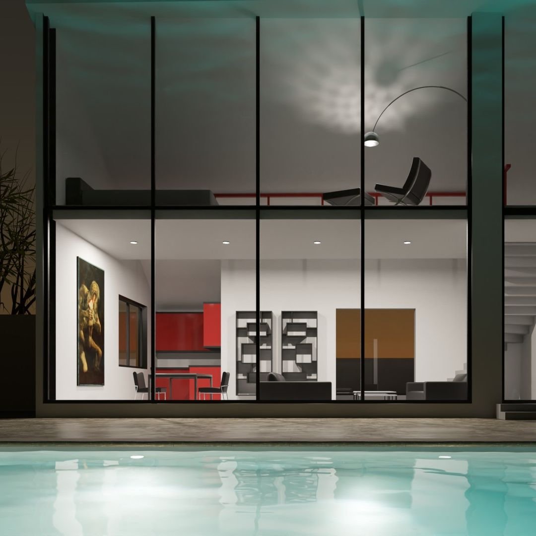 Caustic handling shown through light on a swimming pool and window glass