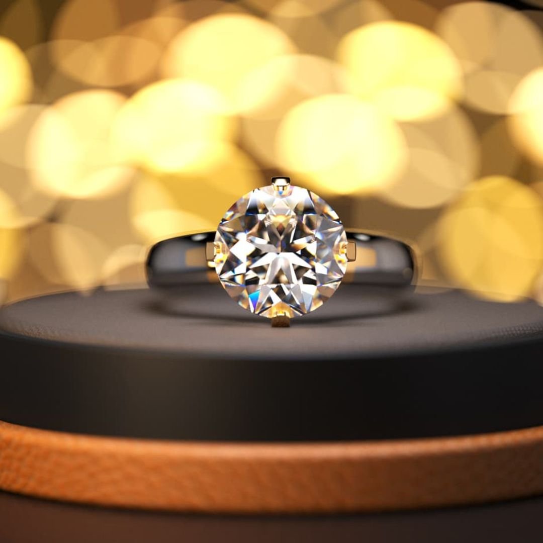 A diamond ring rendered in Bella Render showing the caustic handling through the gemstone